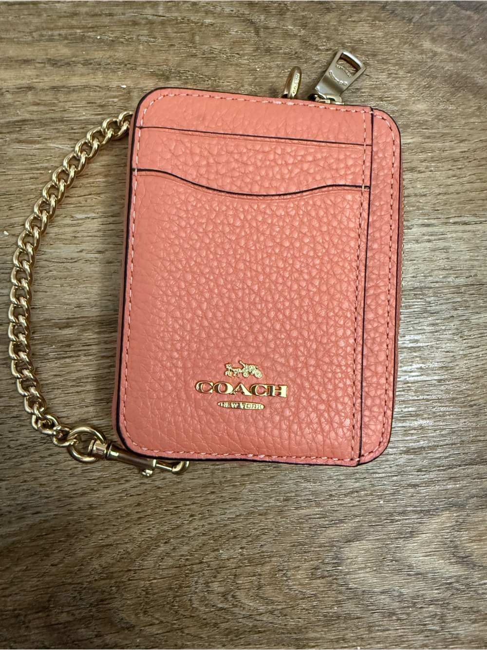 Coach Coral Pink Pebbled Leather Card Holder with Gold Chain